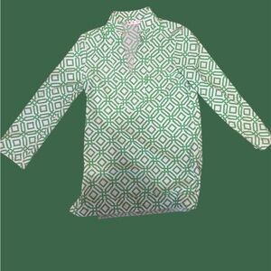 Green and White Geometric Print Blouse